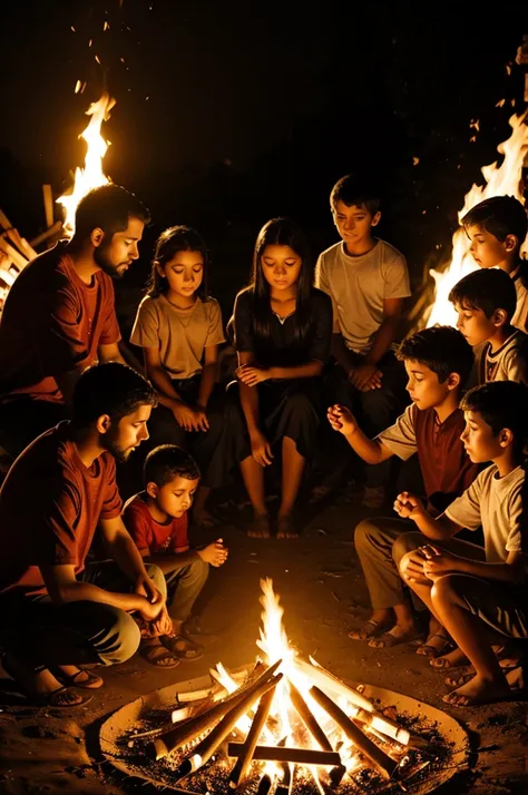 A bonfire with Jesus and children praying around