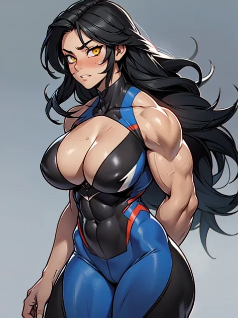 ((girl muscular thick)) pale skin black hair ultra detailed eyes huge large breasts toned body embarrassed blush very long hair skintight suit yellow eyes hair flaps cleavage