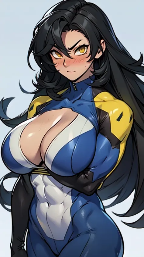 ((girl muscular thick)) pale skin black hair ultra detailed eyes huge large breasts toned body embarrassed blush very long hair skintight suit yellow eyes hair flaps cleavage