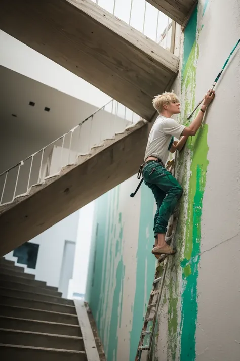 one  men, offwhite, with light green eyes, blond, shorth hair, almost bald, and work as a painter in works, painting the wall of a house.
I want an image of him climbing the stairs to paint the wall 