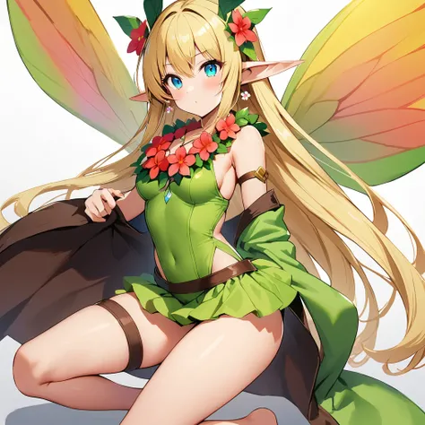 16k works,Highest quality,18-year-old,No background.White background only,whole body、Kneel,Dynamic and sexy pose, One person, Beautiful Face,, Symmetrical eyes, Perfect body, Good balance、 Perfect body、blonde, Elf Fairy, Fantasy Theme, ( Wearing an elf cos...