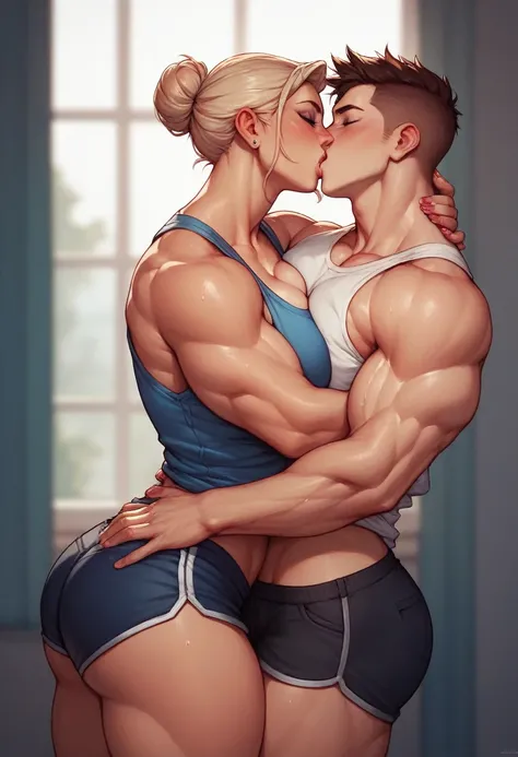 Tall thick huge muscular beauty woman with short pant standing and kissing skinny short young man , woman lifting man