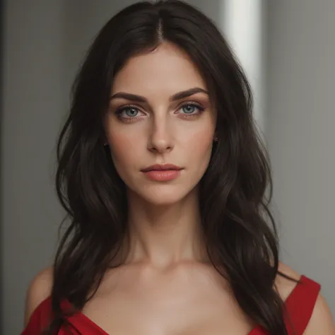 medium close up shot, a woman with long black hair, looking at the camera, facing at the camera, (long elegant red dress)