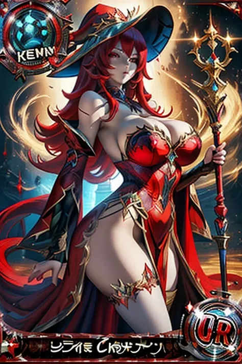 Trading card of (masterpiece, best quality:1.2), 1girl, solo, sorceress, dragons crown, red eyes, long hair, red hair, hat, dress, large lips, staff, detached sleeves, bare shoulders, cleavage, side slit, strapless dress, (huge breasts:1.3), blank backgrou...