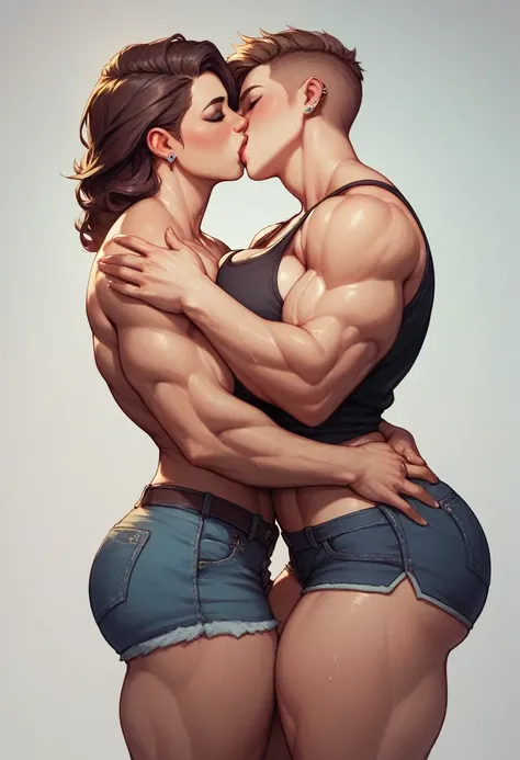 Tall thick huge muscular beauty woman with short pant standing and kissing skinny short young man , woman lifting man