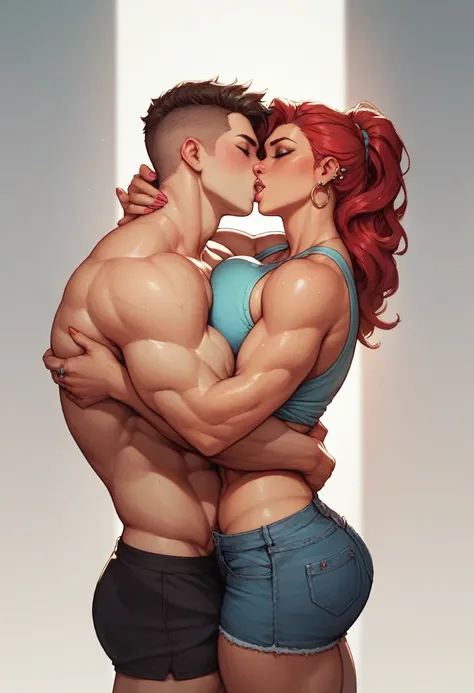 Tall thick huge muscular beauty woman with short pant standing and kissing skinny short young man , woman lifting man