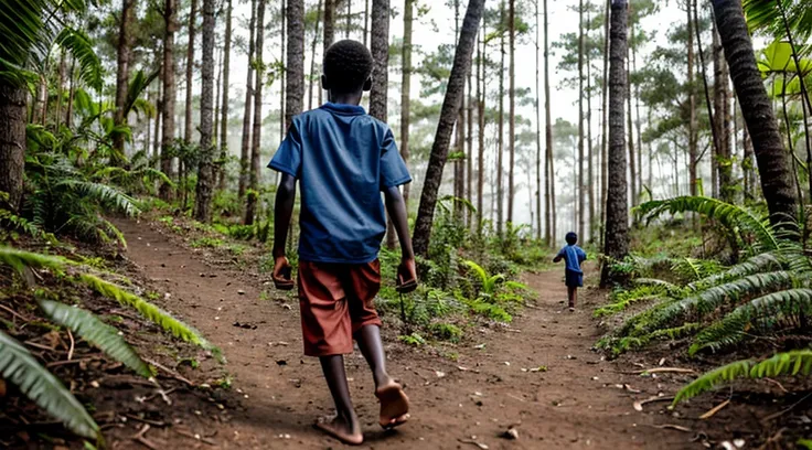 Image of a black male quilombola boy, 12 years old - wears a worn-out faded dark blue shirt - no pattern - short curly hair - wears faded matte red pants - lonely, lives running in the forest - DOES NOT wear shoes - bare feet - has his back to the camera -...