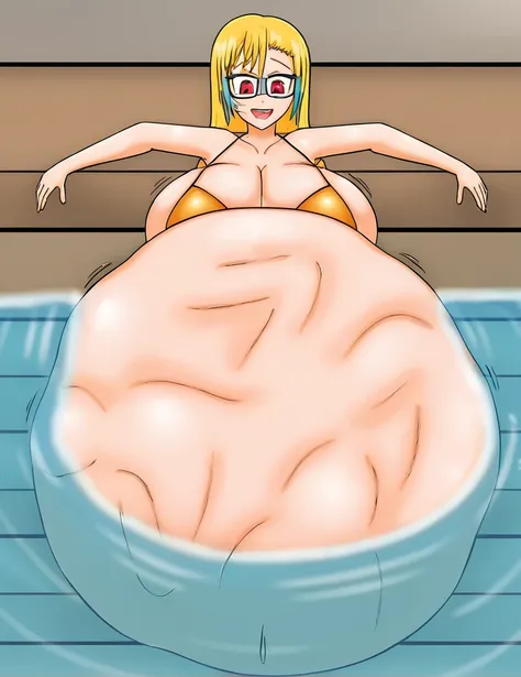 cartoon of a woman in a swimming pool with a big belly, Brain in a vat!!, oppai proportions, Brain in a vat!!!, she has a round belly, fat and wavy, drop anime, lower angle, cell shadow adult animation, sona is a thin one, incredibly inflated hips, artisti...