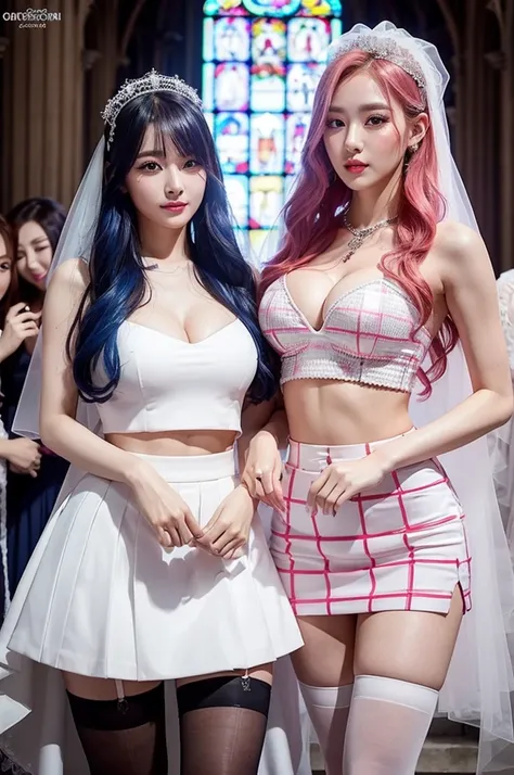 best quality, Clarity, 4k, 8k, detail, actual K-pop stars, ((group photo:1.5)), 5 K-pop superstar brides 22 year old ultra sexual angelic and incredibly gorgeous supermodel bride Girls standing together, (Korean makeup:1.3), Red lips, high quality hands, p...