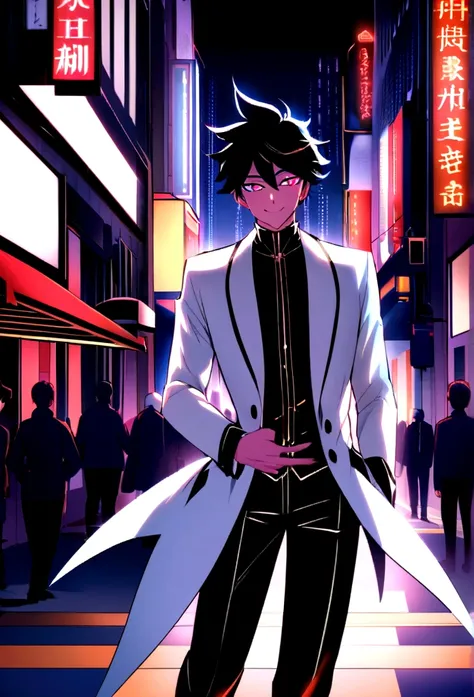 A boy, transformed into an anime style, with exaggerated unique facial features and clothing, standing on a bustling city street, backlit background highlighting the subject, high-contrast colors, 4K high-definition quality，young, smiling, handsome