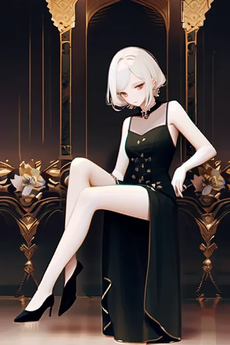 ((Лучшее качество)), ((шедевр)), (подробный), black dress, white hair, legs