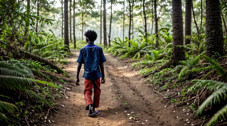 Image of a black male quilombola boy, 12 years old - wears a worn-out faded dark blue shirt - no pattern - short curly hair - wears faded matte red pants - lonely, lives running in the forest - DOES NOT wear shoes - bare feet - has his back to the camera -...