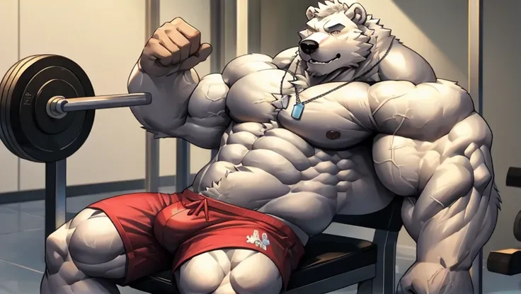  One tall Polar Bear with big muscular body in a huge white fur shirtless and topless with light blue shorts and a dog tag on his neck, veiny, pumping chest bench press 