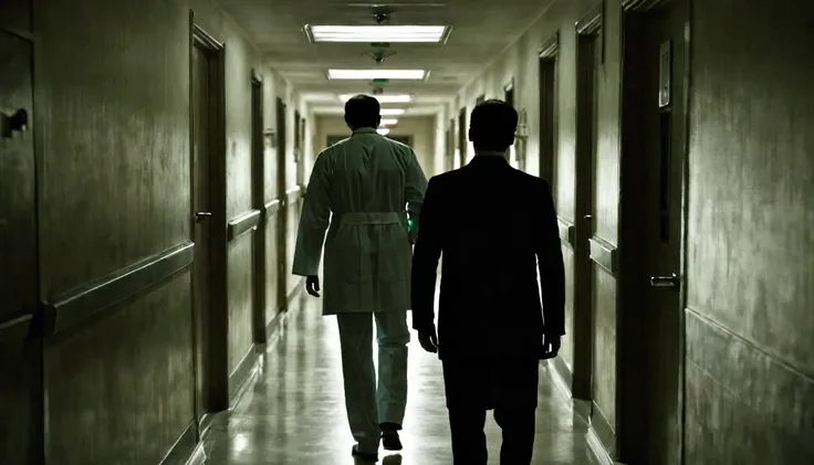 hospital corridor, macabre doctor with his back to the camera, environment, dark, sinister