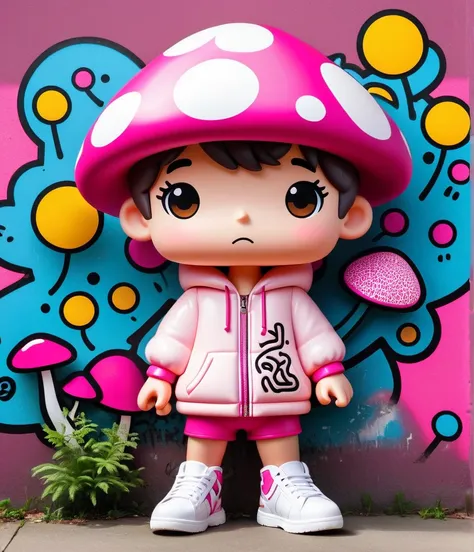 Cute Cartoon Boy, whole body,Mushroom Floating, Pink and white color scheme, Keith Haring-style graffiti, sharpie figure, Bold line, Grunge rock style beauty, Blend Mode, Installing Text and Emojis, figure,, 1 nhbm 1