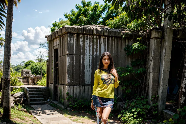 Adobe Firefly Prompt: A woman, yellow shirt, portrait shot of the picture 20 mm short 4K + 8k beautiful place fully digital lightPhotography, shot taken with a Nikon D850 with a 35mm lens of a 35year old female jungle explorer dressed in traditional cloths...