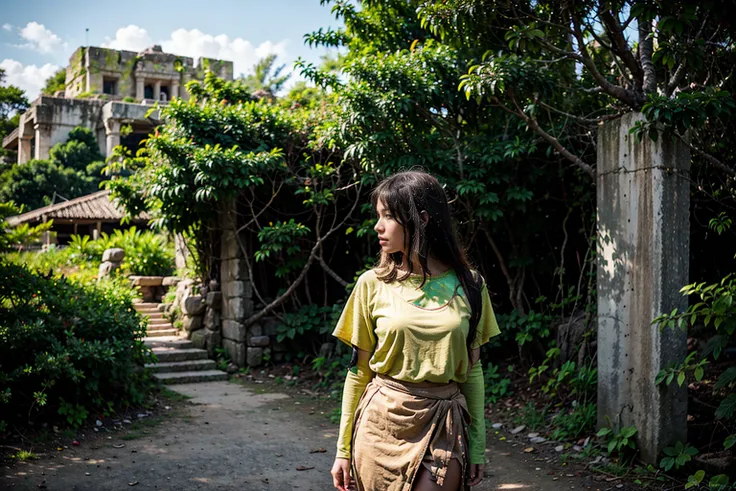 Adobe Firefly Prompt: A woman, yellow shirt, portrait shot of the picture 20 mm short 4K + 8k beautiful place fully digital lightPhotography, shot taken with a Nikon D850 with a 35mm lens of a 35year old female jungle explorer dressed in traditional cloths...