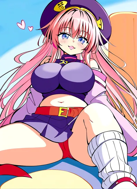 To Love-Ru、Purple off-the-shoulder mini skirt dress、Pink Hair、Big Breasts、White pants、Light purple loose socks、Provocative look、Raw thighs