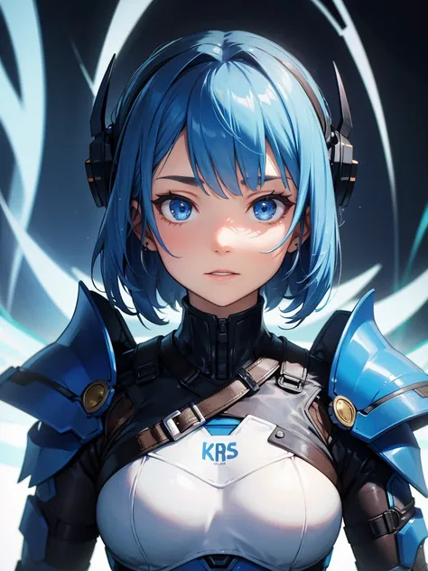 8K, Highest quality, (real:1.4), Original photo, 1 girl, Asari Hair, Biological Amplifier, refined armor, posture: Peace talks between warring factions, smart blue eyes
