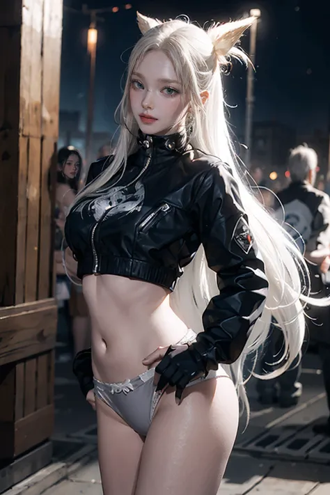 (masterpiece), Highest quality, Expressive eyes, Perfect Face, High resolution, One girl, alone, Gray Hair, Jacket, Ahoge, Fingerless gloves, abdomen, panties, Crack, Put your hands on your hips, Leaning forward, smile, Fantasy Background, particle, magic,...