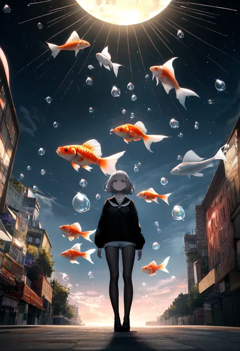 (woman(student, 15 years old, ＪＫ, short hair, Silver Hair, Floating Hair, Space-colored eyes, Black sailor suit(Of high school), Pale skin, Tired face, No shine in the eyes) Looking up at the sky), (Many goldfish are swimming in the air), Beautiful sky, Be...