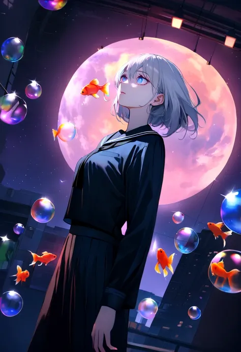 (woman(student, 15 years old, ＪＫ, short hair, Silver Hair, Floating Hair, Space-colored eyes, Black sailor suit(Of high school), Pale skin, Tired face, No shine in the eyes) Looking up at the sky), (Many goldfish are swimming in the air), Beautiful sky, Be...