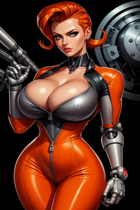 Femme Fatale, gorgeous mechanic, atompunk, blank background, retro-futurism, mechanical hand, cybernetic augments, unzipped orange jumpsuit, gunmetal grey, cleavage, half shaved head, ginger hair