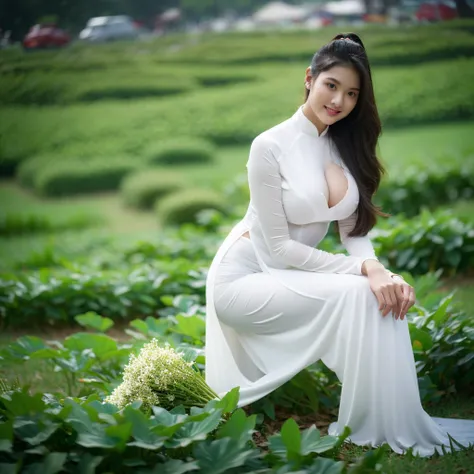 big breasts, round breasts, wearing bra inside ao dai, slim figure, beautiful figure, big breasts, ponytail, sharp 8k quality photo, ((beautiful, sharp, balanced face details) for )), ((beautiful breasts, exposed cleavage, plump body), ((beautiful sparklin...