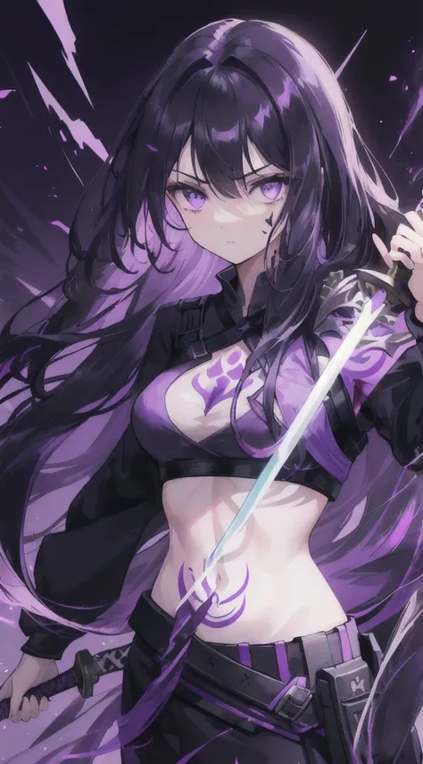 1 girl, long hair, messy hair, black hair, holding a sword, purple eyes, shadow hunter, blood, tattoo on left stomach, purple light particles, purple light rays, wallpaper, tall body, mysterious, strong, cropped shirt