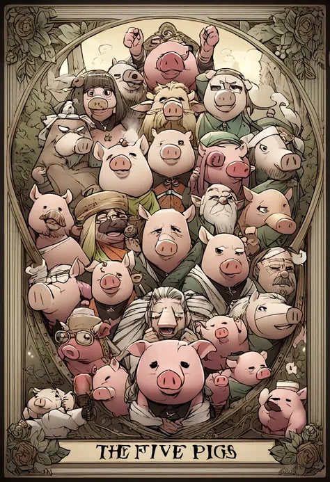 The five pigs of the Council of Sages highlighted: the Master Pig, the Pig Lady, the Erudite Pig, the Warrior Pig and the Inventor Pig