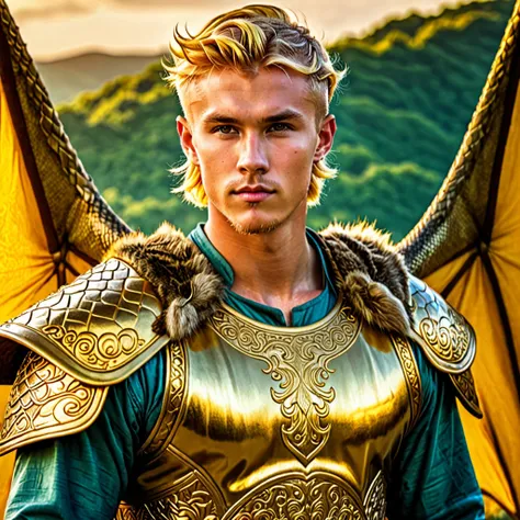 create man, 22 years old, viking, short yellow golden hair, golden eyes, tanned skin, golden prince clothes, golden dragon background, handsome, broad shoulders, hdr, hd, 8k, 4k