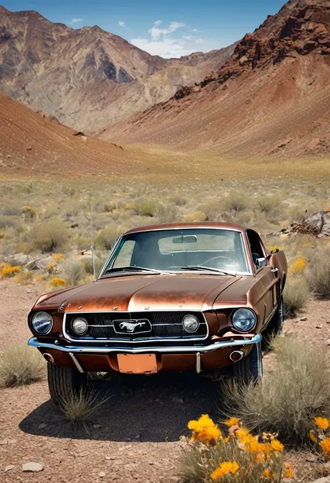 Create an, rusted Mustang 1967 in the heart of a desolate landscape. The world around it has withered, yet the car remains, the car now rests on four deflated tires. Its chrome grille has lost its lustre, and the paint has faded into a patchwork of rust an...