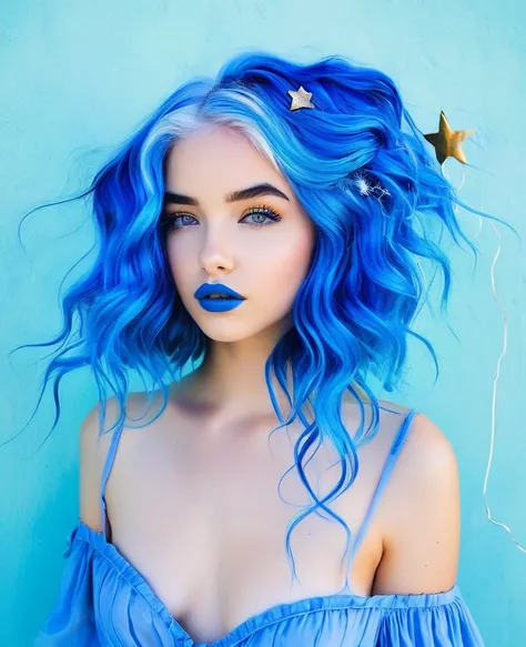 bellissima, 1girl, she is a striking young woman with electric blue hair that flows down to her shoulders in loose waves. Her hair is vibrant, reflecting her adventurous and creative spirit. Its a signature part of her look, often adorned with small silver...