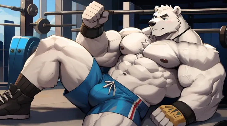 Huge muscular thick white Polar Bear bodybuilder shirtless in blue gym shorts and wristbands doing ab crunches