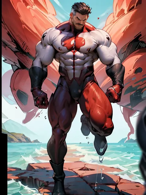  The large back view of a particularly tall,backwards,big ass giant, and muscular hero, Glossy Black Nano Mecha Network Pattern Solo, Male Focus, 1boy, Omniman, deadpan, Closed mouth, Looking at Viewer, thirn clothes black and red (bodysuit), muscular guy,...