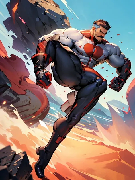  The large back view of a particularly tall,backwards,big ass giant, and muscular hero, Glossy Black Nano Mecha Network Pattern Solo, Male Focus, 1boy, Omniman, deadpan, Closed mouth, Looking at Viewer, thirn clothes black and red (bodysuit), muscular guy,...