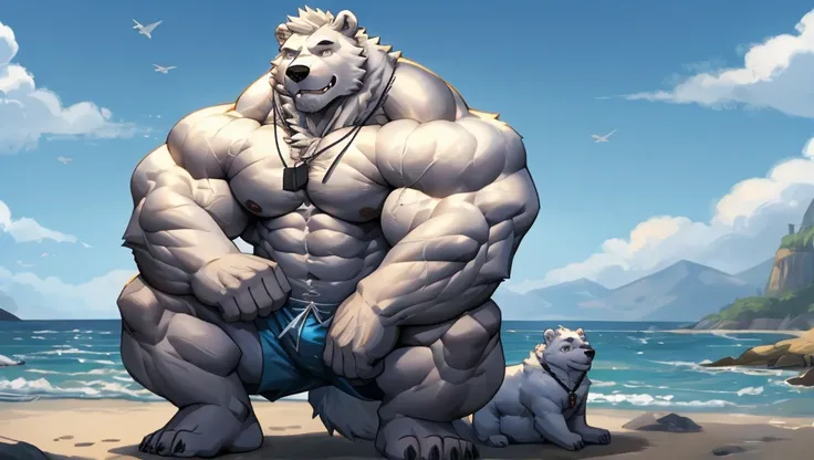  One tall Polar Bear with big muscular body in a huge white fur shirtless and topless with light blue shorts and a dog tag on his neck, veiny, leg squatting over 1000lbs