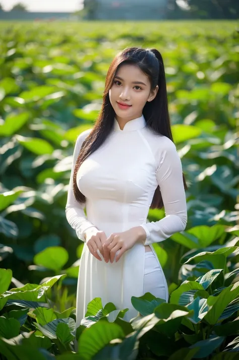 big breasts, round breasts, wearing bra inside ao dai, slim figure, beautiful figure, big breasts, ponytail, sharp 8k quality photo, ((beautiful, sharp, balanced face details) for )), ((beautiful breasts, exposed cleavage, plump body), ((beautiful sparklin...