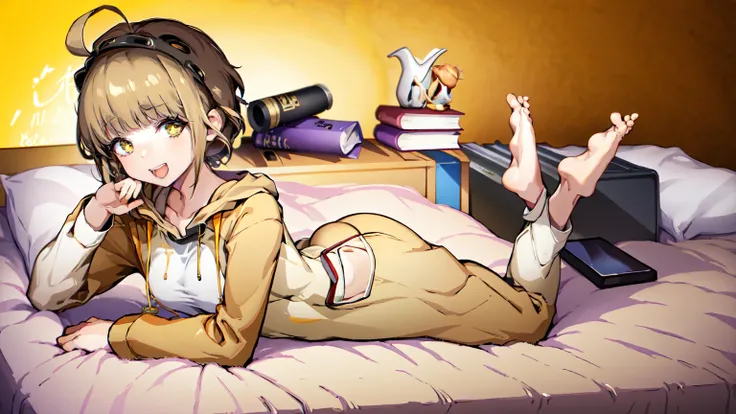 (masterpiece), short hair, brown hair, golden eyes, smile, pajamas, ahoge, open mouth, barefoot, pillow, black hair, on stomach, short hair, bed, lying, book, onesie