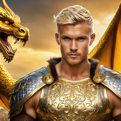 create man, 32 years old, viking, short yellow golden hair, golden eyes, tanned skin, golden prince clothes, golden dragon background, handsome, broad shoulders, hdr, hd, 8k, 4k