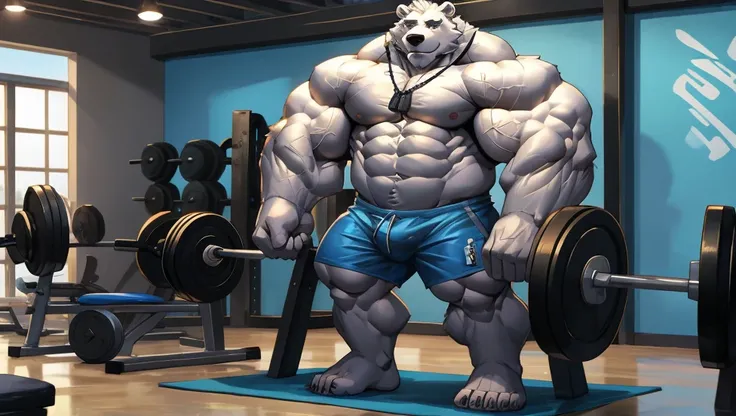  One tall Polar Bear with big muscular body in a huge white fur shirtless and topless with light blue shorts and a dog tag on his neck, veiny, at the gym, squatss set up over 1000lbs of heavy weights