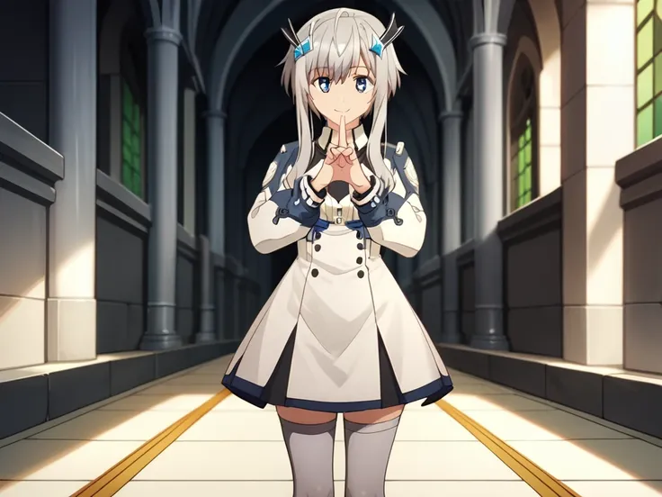 MishaNecron, short hair with long locks, solo,  uniform, gray hair, gray thighhighs, hair ornament, light smile, short tie, white dress, blue eyes, long sleeves, score_9,  score_8_up, score_7_up, score_6_up, source_anime, fantasy, castle,  perfect lighting...