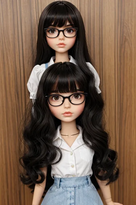 make me a blythe doll with normal skin, medium wavy black hair, with glasses, with brown eyes, bangs and a mole on the right eye 