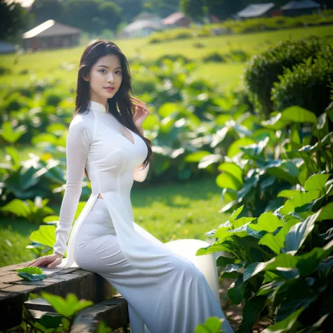 big breasts, round breasts, wearing bra inside ao dai, slim figure, beautiful figure, big breasts, ponytail, sharp 8k quality ph...