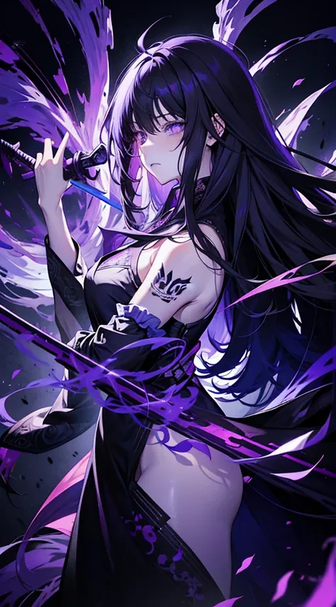 1 girl, long hair, messy hair, black hair, purple eyes, shadow hunter, blood, tattoo on left stomach, purple light particles, purple light rays, wallpaper, tall body, dark purple color, mysterious,holding a sword