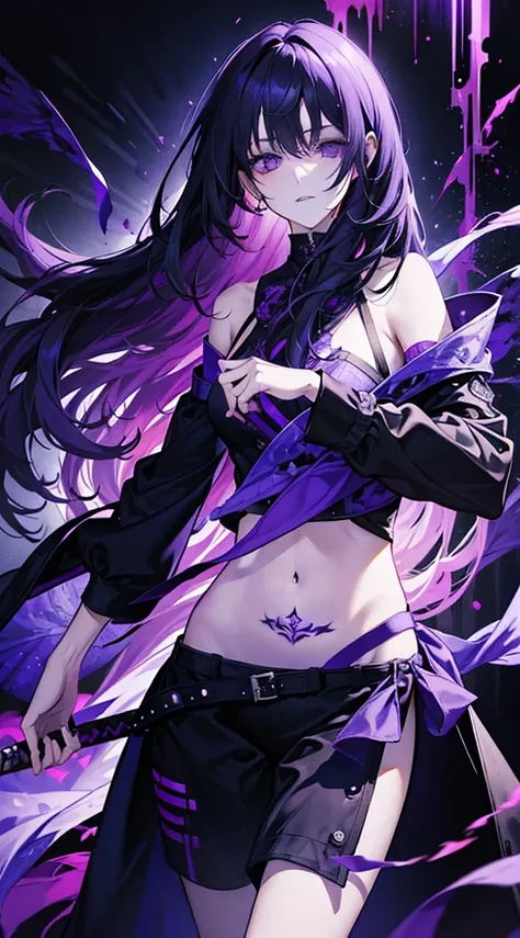 1 girl, long hair, messy hair, black hair, purple eyes, shadow hunter, blood, tattoo on left stomach, purple light particles, purple light rays, wallpaper, tall body, dark purple color, mysterious,holding a sword