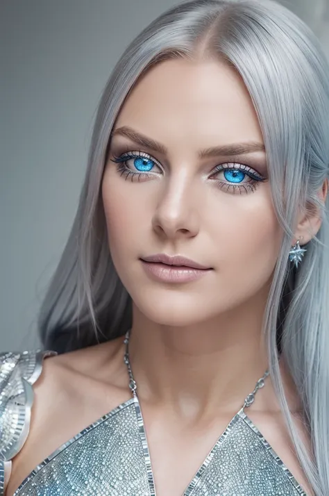 Full photo of a majestic crossdresser with pearlescent, silver-edged scales, icy blue eyes, , Focus on detailed facial features and textured scales, set against a softly blurred background.