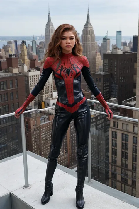 zendaya as spider-girl, standing on top of a new york building, flat boots