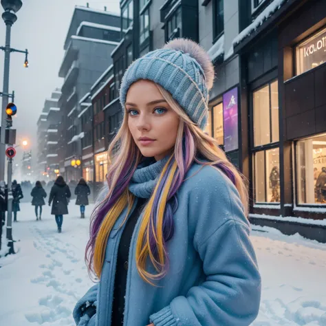 professional portrait photograph of a gorgeous Norwegian girl in winter clothing with long wavy blonde hair with vibrant blue purple and yellow streaks,blue eye , sultry flirty look, gorgeous symmetrical face, cute natural makeup, wearing elegant warm wint...