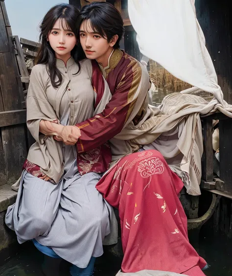 Ultra HD image of a couple (one man and one woman), woman on foreground, man hugging the woman, shalwar qameez, agricultural form, canals, birds, soft light, love, passionate, Indonesia